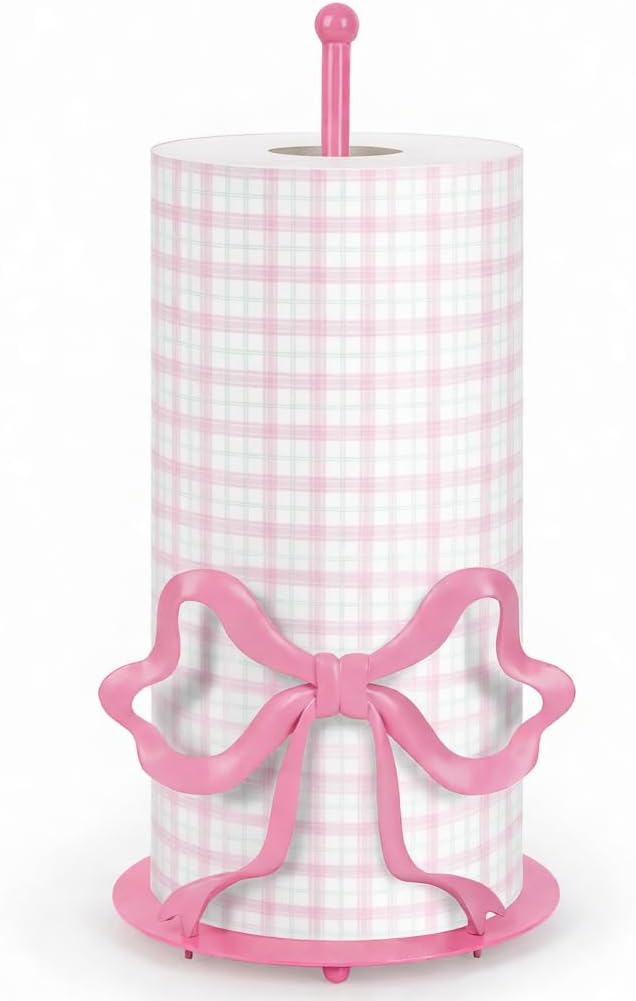 Pink Bow Paper Towel Holder, Cute Paper Towel Roll Holder, 3D Printed Standing Paper Towel Holder for Kitchen Countertops Bathroom with Weighted Base, Kitchen Decor Accessories Gift (Round/Pink Bow)
