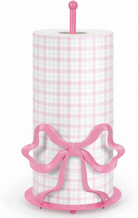 Pink Bow Paper Towel Holder, Cute Paper Towel Roll Holder, 3D Printed Standing Paper Towel Holder for Kitchen Countertops Bathroom with Weighted Base, Kitchen Decor Accessories Gift (Round/Pink Bow)