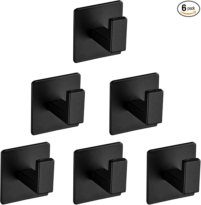 Vanloory Bath Towel Hook,6 Pack Self Adhesive Square Coat Hooks, Sturdy No Drilling Robe Hook, Heavy Duty Aluminum Clothes Hanger, Wall Hooks for Bathroom Bedroom Kitchen (2 Inch,Black)