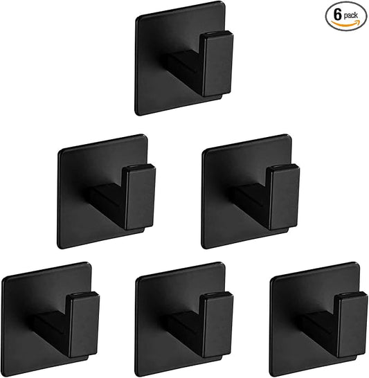 Vanloory Bath Towel Hook,6 Pack Self Adhesive Square Coat Hooks, Sturdy No Drilling Robe Hook, Heavy Duty Aluminum Clothes Hanger, Wall Hooks for Bathroom Bedroom Kitchen (2 Inch,Black)