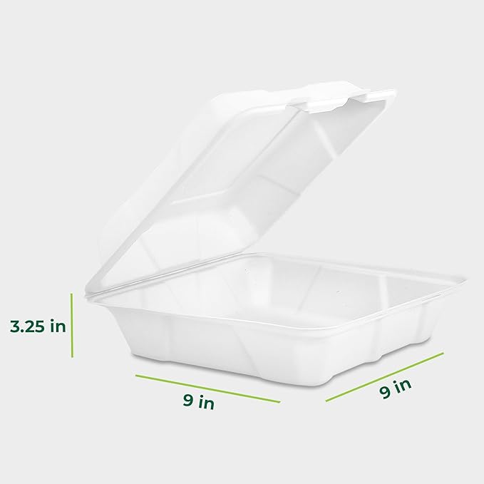 Freshware Clamshell Food Containers with Lids [9x9" 100-Pack] Disposable To Go Containers, Biodegradable Sugarcane To Go Boxes - Paper Food Container - Microwave & Freezer Safe, Stackable