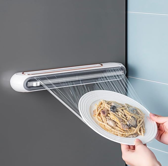 Primewave Food Plastic Wrap Dispenser with Sliding Cutter – Refillable ABS Wrap Cutter for Kitchen | Includes 1 Roll (80cm) Plastic Wrap | Safe & Easy One- Handed Use. (WHITE)