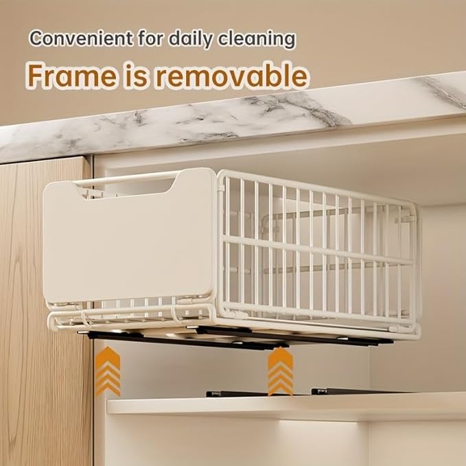 Pull Out Cabinet Organizer Fixed with Adhesive Nano Film, 1 Pack Sliding Mesh Cabinet Basket with Handle, Heavy Duty Slide out Pantry Shelves Drawer Storage for Home, Kitchen, Bathroom, Cream