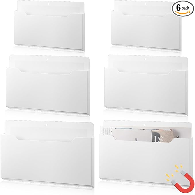 Fuutreo 6 Pcs Magnetic Wall File Organizer Magnetic Wall File Holder Refrigerator Magazine Holder for Mail Letters Paper(White,12.6x9.5, 9x7, 6.6x4.8 Inch)
