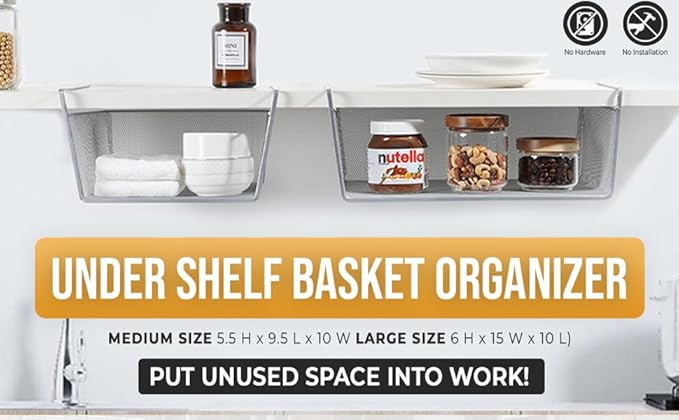 YBM Home Under Shelf Basket (12-Pack) Mesh Stainless Steel Storage Under Cabinet Hanging Basket Rack Maximize Space in Cabinets, Pantry Room, Bathroom, Laundry Room, and More, 1131