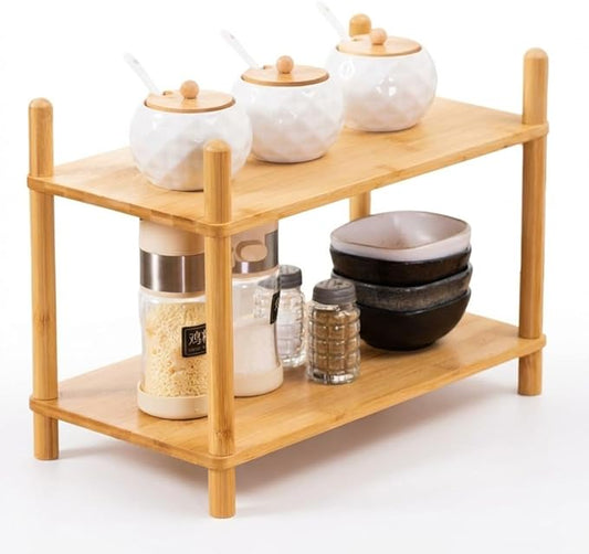 2-Tier Expandable Bamboo Desktop Organizer Shelf Kitchen Cabinet and Counter Riser Display Shelf for Top of Desk Home Office Bathroom Coffee Table Display Stand (1, Natural, 2-Tier Plus)