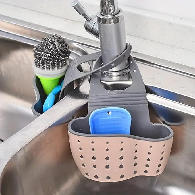 Kitchen & Bathroom Sink Caddy – Adjustable Hanging Strap Sponge and Soap Holder with Drain Holes for Drying, Plastic Faucet Organizer