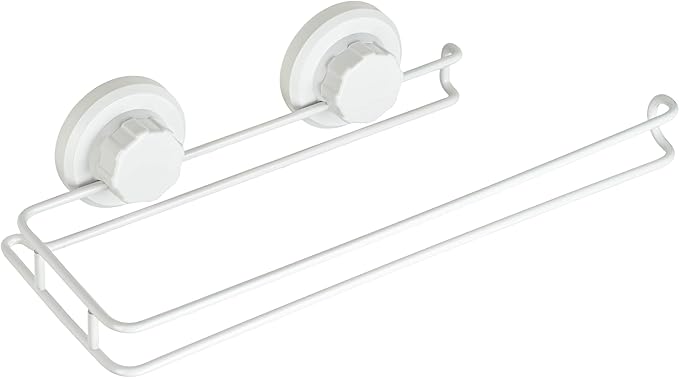 HASKO Suction Cup Paper Towel Holder, Wall Mount Metal Organizer for Bathroom & Kitchen, SUS 304 Stainless Steel Tissue Roll Hanger, Includes Optional No Drill Adhesive Mount, White