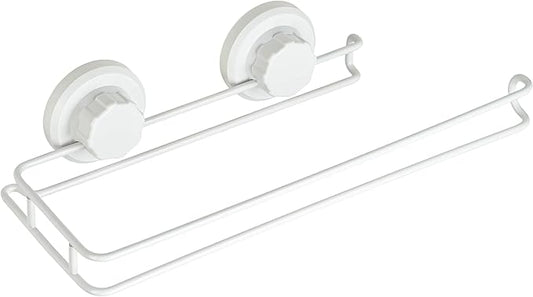 HASKO Suction Cup Paper Towel Holder, Wall Mount Metal Organizer for Bathroom & Kitchen, SUS 304 Stainless Steel Tissue Roll Hanger, Includes Optional No Drill Adhesive Mount, White