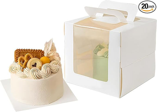 20 Pcs 6x6x5 Inch White Cake Boxes with Window & Handle & Cake Boards, Easy Carrying Plastic Cake Containers, Cake Holder Carriers for Birthday Christmas Birthday Wedding, Party, Gift