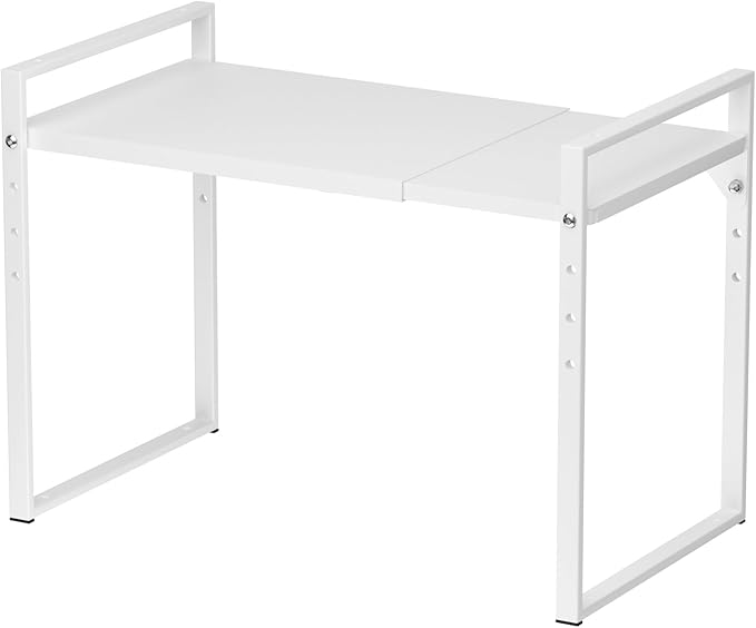 Redrubbit 2 Tier Extendable Microwave Oven Rack, Heavy Duty Steel Metal Shelf Adjustable Height Home Office Pantry Shelf Space for Kitchen Counter Organization, White
