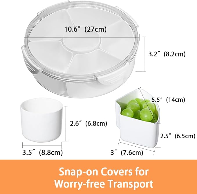 2Pack Veggie Tray With Lid for Fridge Organizer Bins Divided Snackle Box Container with 6 Compartments for Party Serving Platter, Fruit Tray with dip, Snack Storage, Reusable Meal Prep