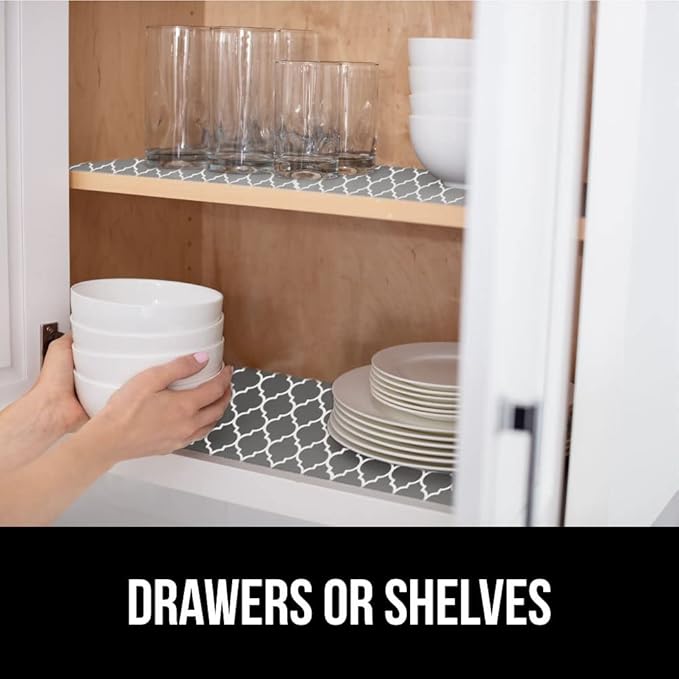 GORILLA GRIP DripGuard Shelf Liner, Non Adhesive Drawer and Kitchen Cabinet Protector, Slip Resistant BPA Free Smooth Surface Plastic Liners for Cabinets, Bathrooms, Closets, 17.5x240 Inch, White Gray
