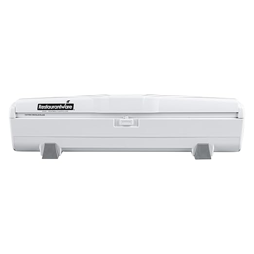 Restaurantware-RW Base Food Wrap Dispenser with Cutter, 1 Refillable Cling Wrap Dispenser - Fits 12” to 18” x 1000’ Rolls, Press Down and Cut, White Plastic Aluminum Foil, Sharp Blade