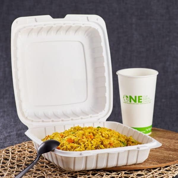 KARAT EARTH Clamshell Take Out Food Containers [9"x9" - 120 ct] To Go Containers | Microwavable, Freezer Safe, Soak-Resistant, Durable, Stackable | Vented for Hot/Cold Foods, White
