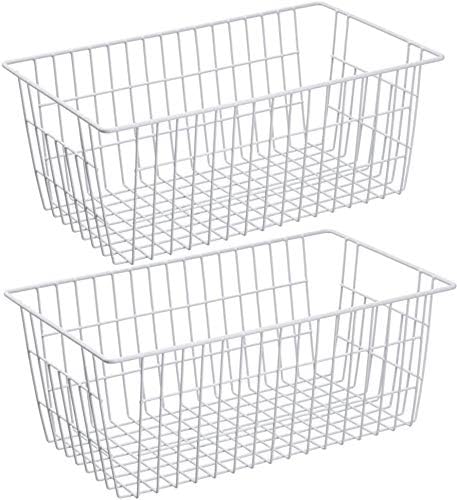 blitzlabs Wire Storage Basket Freezer Organizer Bins Food Storage Baskets with Handles Pantry Organizer for Kitchen Cabinets Closet Bedroom Bathroom,Set of 2,White