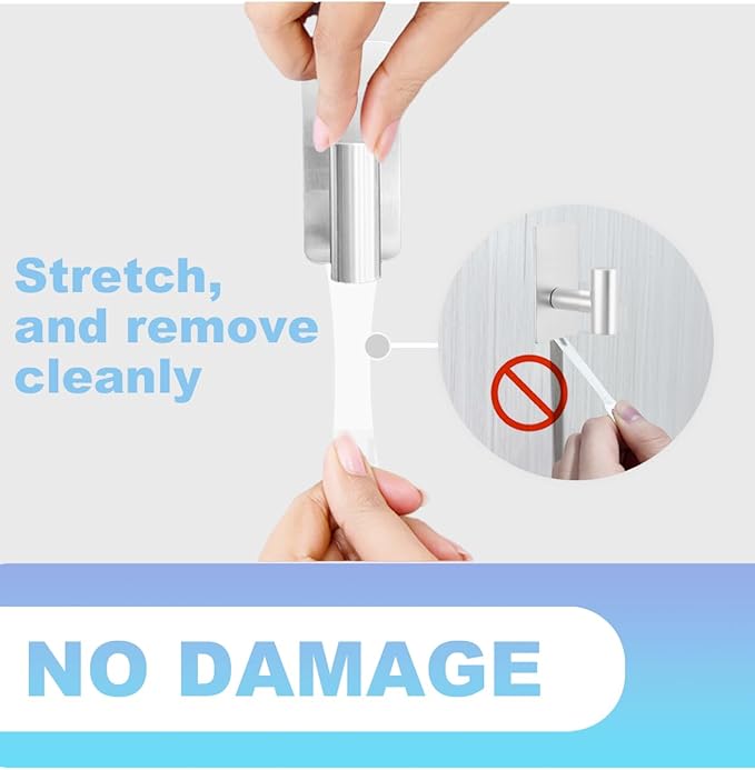 8 Pcs Towel Hooks Heavy Duty for Hanging，Adhesive Wall Hooks with Removable Strips，Sticky No Damage，Outdoor for Bathrooms，Shower，Stockings，Decor，Robe，Large，Silver 304 Stainless Steel