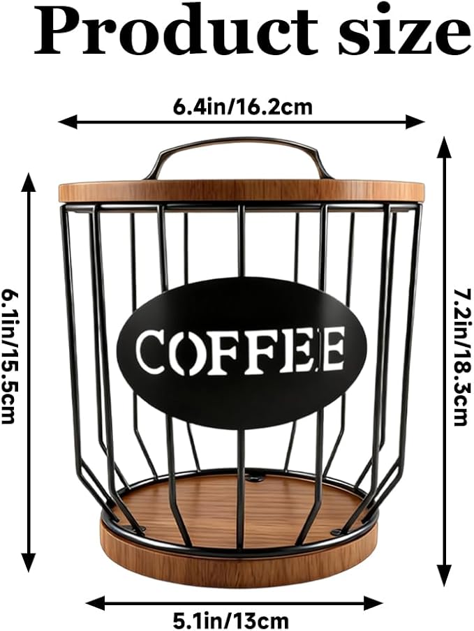 2 Pack Coffee Pod Holder with Lid Coffee Pods Storage Black Wire Coffee Storage Basket Large Capacity K Cup Holder with Wooden Base for Kitchen Countertop, Cafe Bar Organizer, Office Desktop