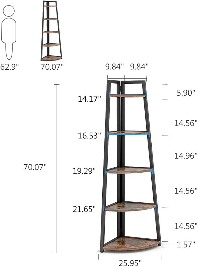 Tribesigns 70 inch Tall Corner Shelf, 5 Tier Rustic Corner Bookshelf Bookcase Industrial Corner Ladder Shelf Plant Stand for Living Room, Kitchen, Home Office (Brown)