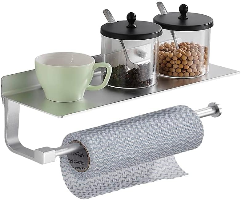 Paper Towel Holder Wall Mount - for Bathroom Hand Towel Holder with Shelf- Kitchen Towel Holder - Matter Silver