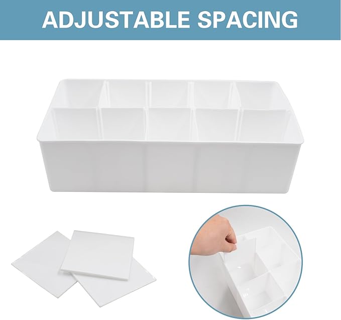 Plastic Belt Organizer, 10 Section Drawer Organizer for Storage Belt, Ties, Underwear and Socks, White Removable Dividers Storage Box for Closet Dresser Drawer, 12 x 6.2 x 3.1 Inch