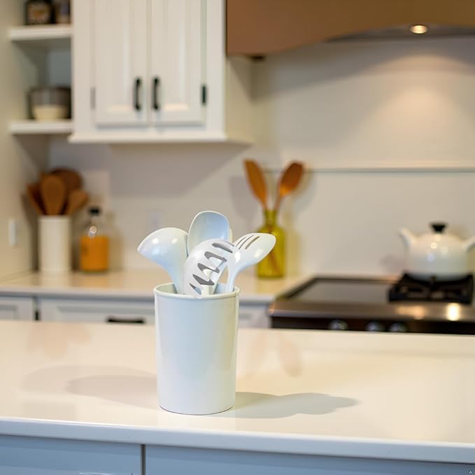 Reston Lloyd 6 Piece Kitchen Utensil Holder for Kitchen Counter, Utensils Crock with Heat Resistant Spoon, Slotted Spoon, Ladle, Spatula BPA Free, White