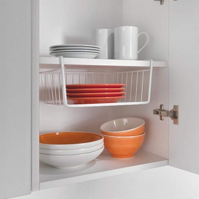 Modern Home Under Shelf Wire Storage Baskets – Hanging Organizer Rack for Cabinet, Pantry, or Closet – White Metal Basket for Kitchen, Towels, or Office – No Tools Required (Set of 4 11")