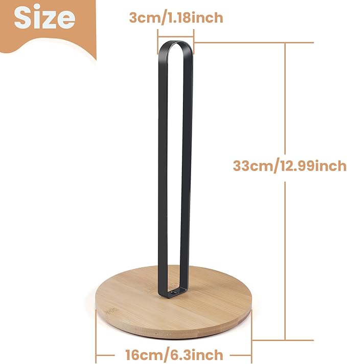 Paper Towel Holder Countertop Standing Paper Roll Holder with Anti-Slip Base Paper Towel Holders for Kitchen Roll Holder Bamboo & Stainless Steel,Black