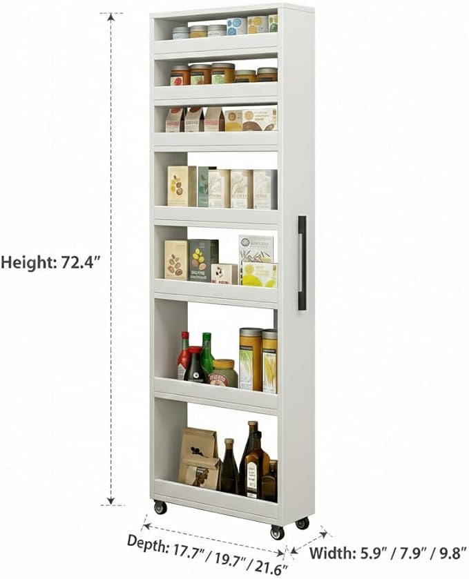 7 Tier Slim Rolling Storage Cart with Wheels, Narrow Storage Cabinet for Small Spaces, Mobile Spice Rack Organizer for Kitchen, Pantry, Baking Room, Dining Room(White,5.9"x21.6"x72.4")