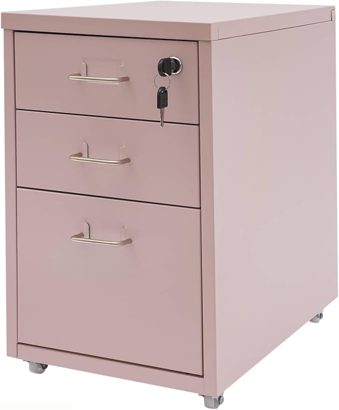 3-Drawer Vertical File Cabinet with Lock and Wheels, Mobile Rolling Storage Organizer for Home Office, Pink Filing Cabinet Under Desk, 11" D x 16" W x 18.3" H