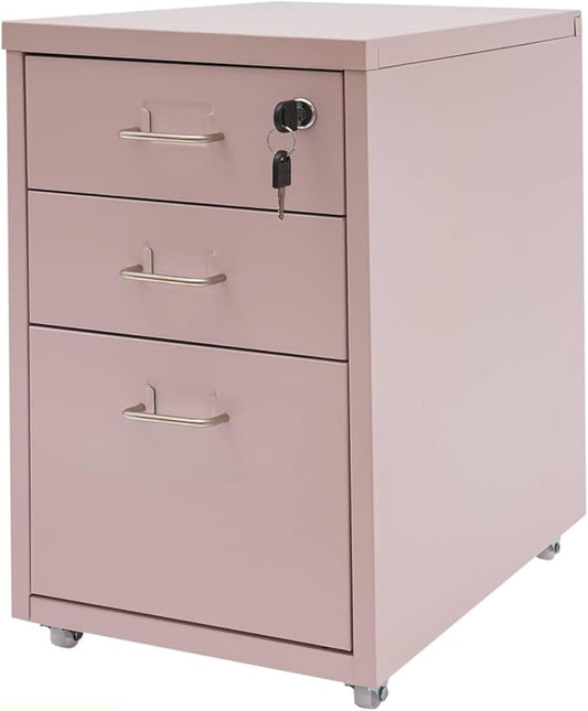 3-Drawer Vertical File Cabinet with Lock and Wheels, Mobile Rolling Storage Organizer for Home Office, Pink Filing Cabinet Under Desk, 11" D x 16" W x 18.3" H