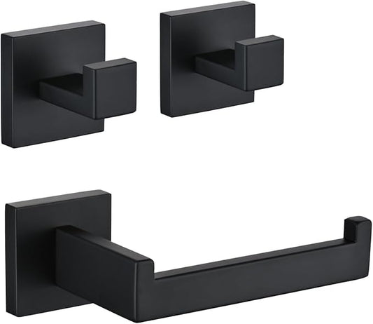 3PCS Bathroom Hardware Set, Matte Black Toilet Paper Holder, 2 Square Towel Robe Hooks, SUS 304 Stainless Steel, Wall Mounted, Modern, Rust‑Resistant (Black)