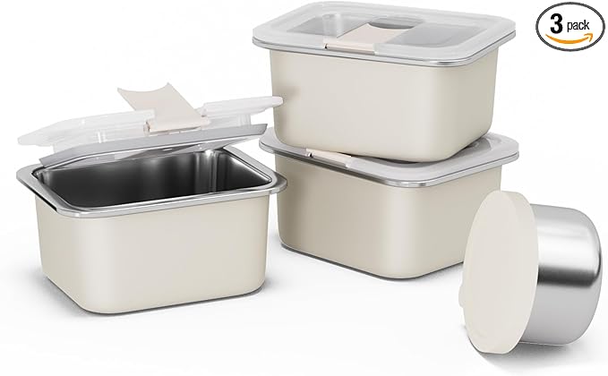 Stainless Steel Snack Box Containers for Kids, 3 Packs 12 oz Leak-Proof Microwave-safe Small Food Storage Container with Lid, Metal Compact Bento Lunch Box Container for School Travel