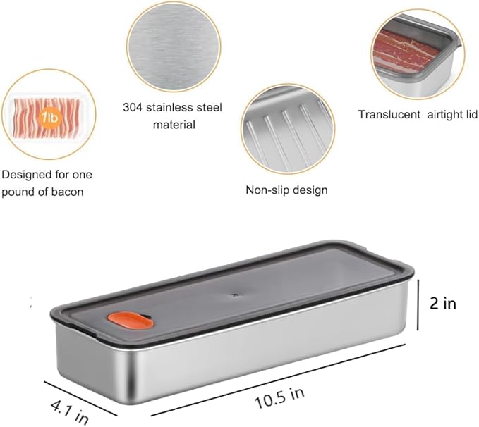 Verveia Bacon Container for Refrigerator, 304 Stainless Steel Sealed Food Storage Container with Silicone-Sealed and Air Vent ，Safe Deli Containers SealPro Bacon Box