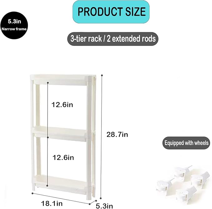 Slim Rolling Storage Cart with Wheels, Narrow Bathroom Cabinet Organizer for Small Spaces,Thin Shelf Unit,Kitchen,White (3 Tier)
