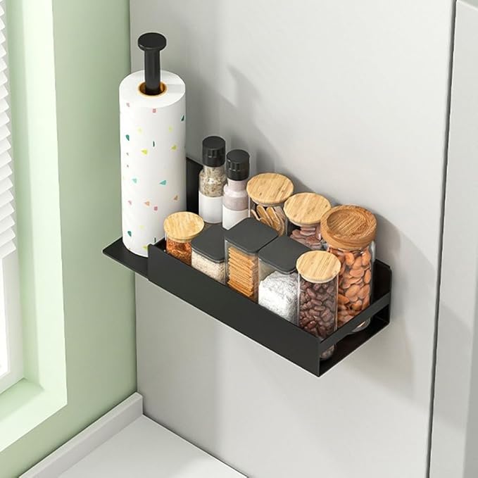 Magnetic Spice Rack with Paper Towel Holder for Fridge Mounting, Metal Shelf Organizer for Kitchen Storage of Spices, Snacks, and Cooking Tools