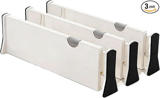 Adjustable Drawer Dividers 3-Pack Expandable Organizers with Non-Slip Pads for Kitchen Bathroom Dresser Vanity Desk Office Easy Install (White,Small(11.1-17.3 in))