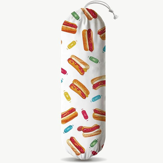 Hot Dogs Plastic Bag Holder, Reusable Hanging Grocery Bags Organizer, Fabric Garbage Trash Bag Storage Dispenser for Home Kitchen Pantry Cabinet, Wall Mount, Kitchen Housewarming Gifts