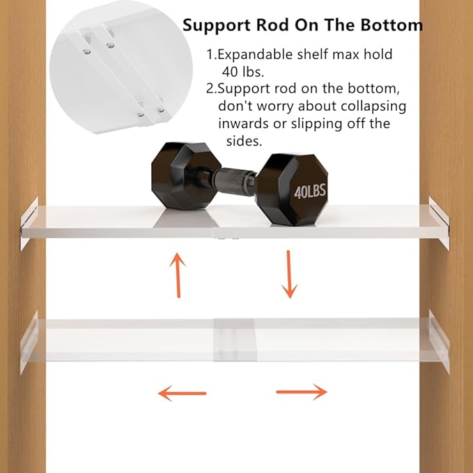 Slideep Expandable Closet Tension Shelf, Metal Adjustable Wardrobe Shelves Organizer System with Strong Seamless Sticker for Kitchen, Wardrobe, Cupboard 2 Pack (L:16.9'' to 31.5"; W:11.8")