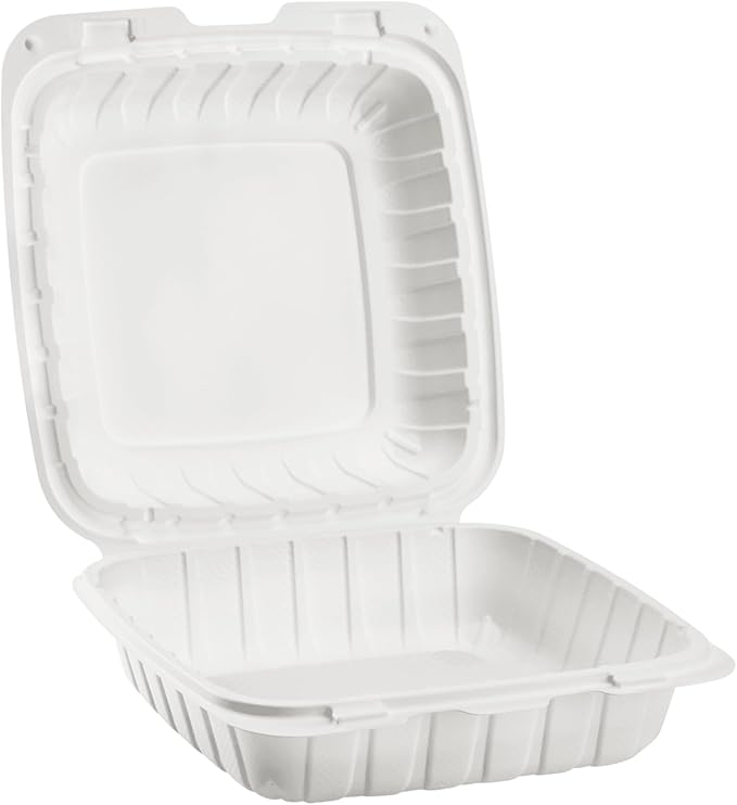 KARAT EARTH Clamshell Take Out Food Containers [8"x8" - 200 ct] To Go Containers | Microwavable, Freezer Safe, Soak-Resistant, Durable, Stackable | Vented for Hot/Cold Foods, White