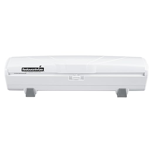 Restaurantware-RW Base Food Wrap Dispenser with Cutter, 1 Refillable Cling Wrap Dispenser - Fits 12” to 18” x 1000’ Rolls, Press Down and Cut, White Plastic Aluminum Foil, Sharp Blade