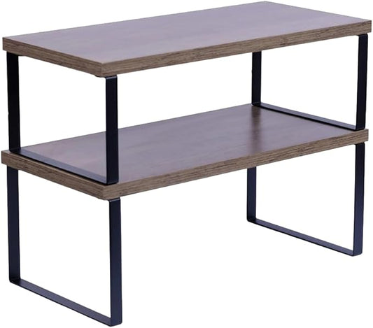 Sben Cabinet Organizer Shelf, Set of 2 Kitchen Counter Shelves, Kitchen Storage, Spice Rack, Stackable, Expandable, Metal and Engineered Wood, Ink Black and Brown Surface
