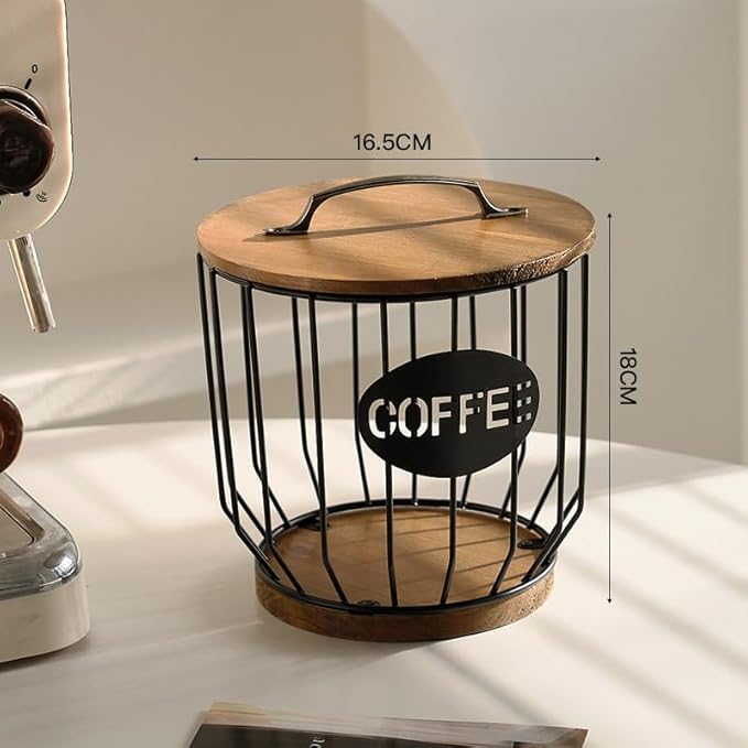 Coffee Pod Basket Holder - Large Capacity Black with Wood Lid | Display Coffee Pods & Espresso Capsules on Countertop, Rustic Wire Mesh Storage Bin with Decorative Wood Cover for Kitchen Decor