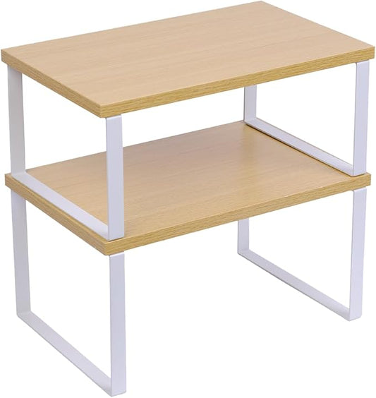 Sben Cabinet Organizer Shelf, Set of 2 Kitchen Counter Shelves, Kitchen Storage, Spice Rack, Stackable, Expandable, Metal and Engineered Wood, Cloud White and Natural Beige