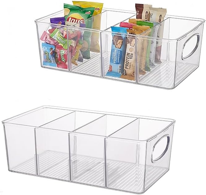 Clear Plastic Storage Bins, 2 Pack Pantry Organizers and Storage Bins with Handle and Removable Dividers for Kitchen, Office, Closet, Cabinet, Laundry Room, Freezer, Bathroom & Home organization