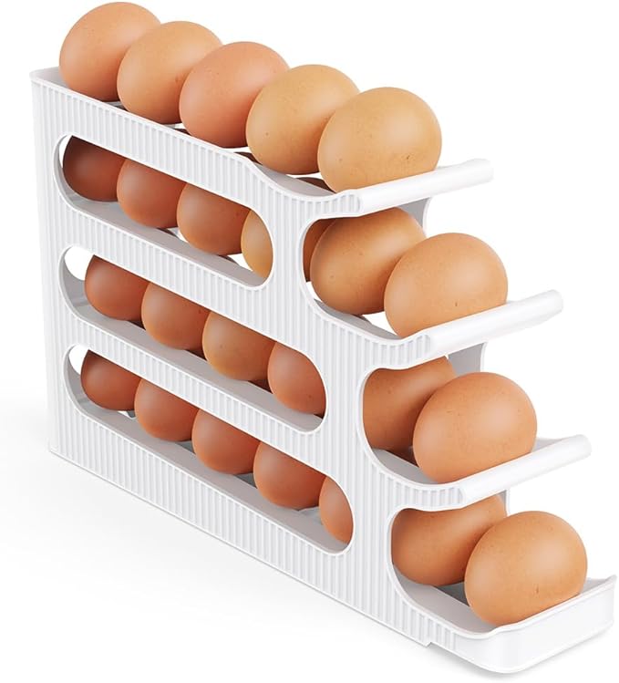 Egg Holder for Fridge, 4 Tiers Auto Rolling Egg Storage Organizer for Refrigerator, Slim Space Saving Container, Dispenser - Egg Roller for Eggs 24 Count