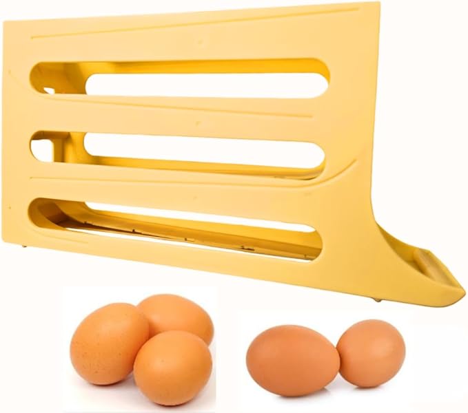K&KLACOSTA 4 Tier Egg Tray, Automatic Egg Rolling Dispenser Rack for Storing Organizing Distributing and Rolling Eggs in Refrigerator Stackable, in Kitchens, Cabinets, Dining Tables Yellow
