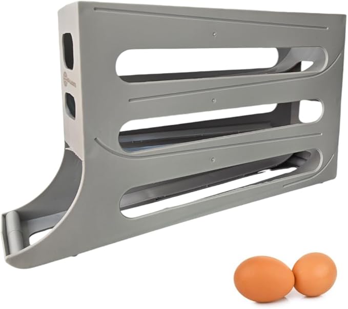 K&KLACOSTA 4 Tier Egg Tray, Automatic Egg Rolling Dispenser Rack for Storing Organizing Distributing and Rolling Eggs in Refrigerator Stackable, in Kitchens, Cabinets, Dining Grey (Grey, Regular)