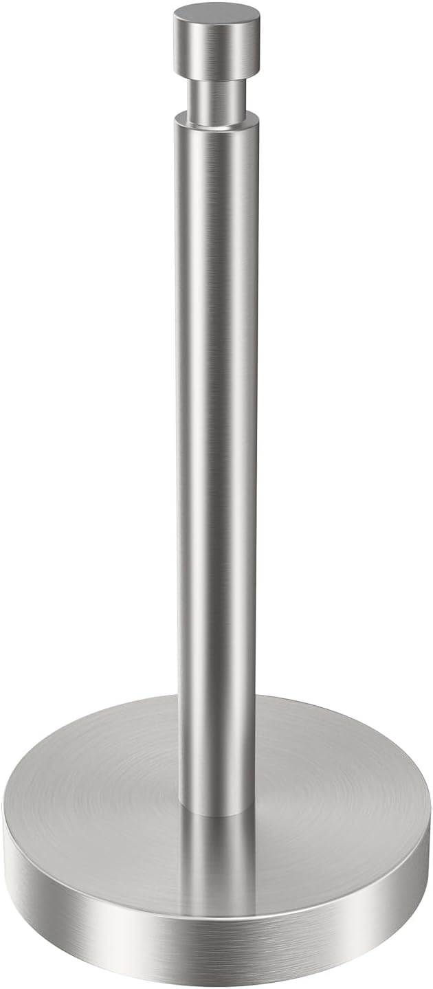 Paper Towel Holder Countertop, Black Paper Towel Holder with Weighted Base Non Slip, Standing Paper Towel Roll Holder for Kitchen Bathroom, Easy One-Handed Operation, Stainles Steel (Brushed Nickel)