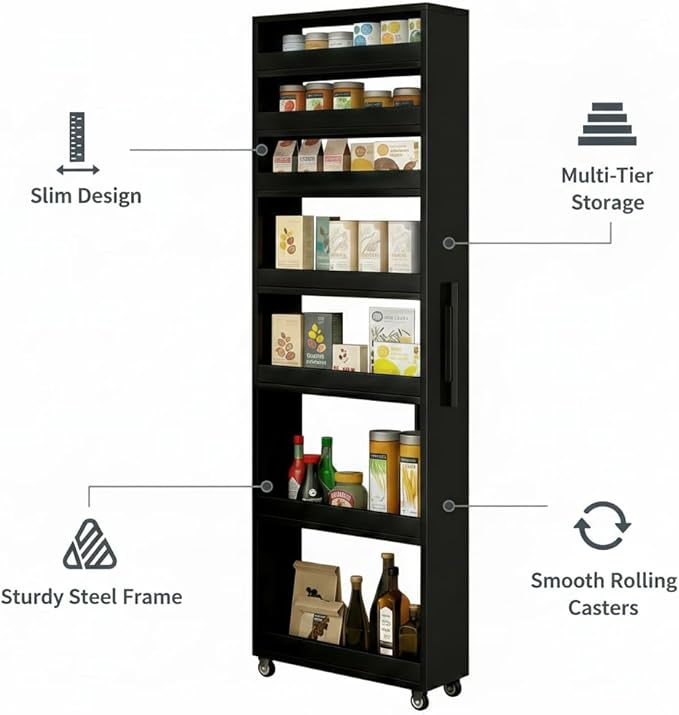 7 Tier Slim Rolling Storage Cart with Wheels, Narrow Storage Cabinet for Small Spaces, Mobile Spice Rack Organizer for Kitchen, Pantry, Baking Room, Dining Room(Black,7.9"x21.6"x72.4")